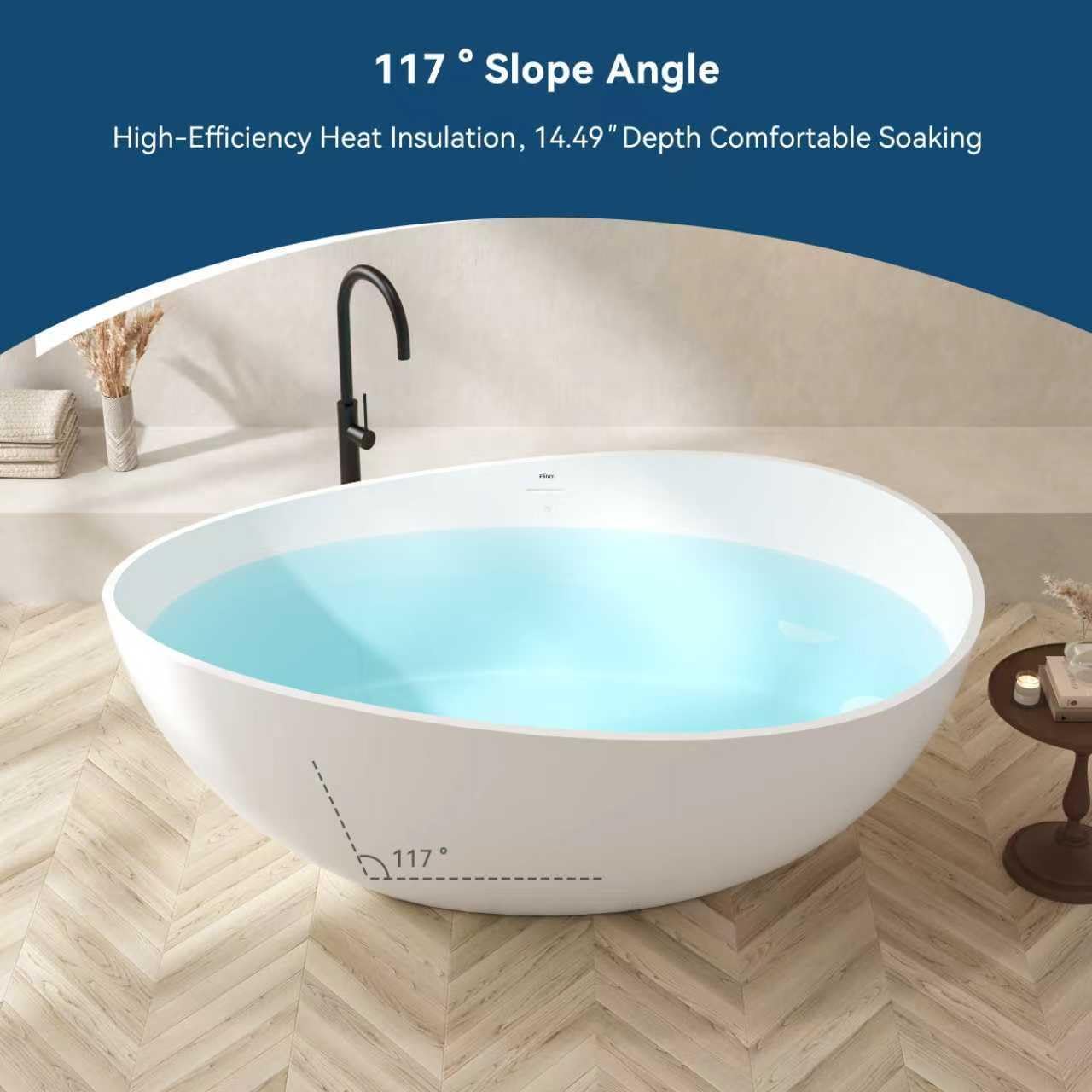 FerdY Lamu 63' Stone Resin Freestanding Bathtub, Gracefully Shaped Freestanding Bathtub, Solid Surface Soaking Tub, Matte White, cUPC Certified, Pop-up Drain and Integrated Slotted Overflow