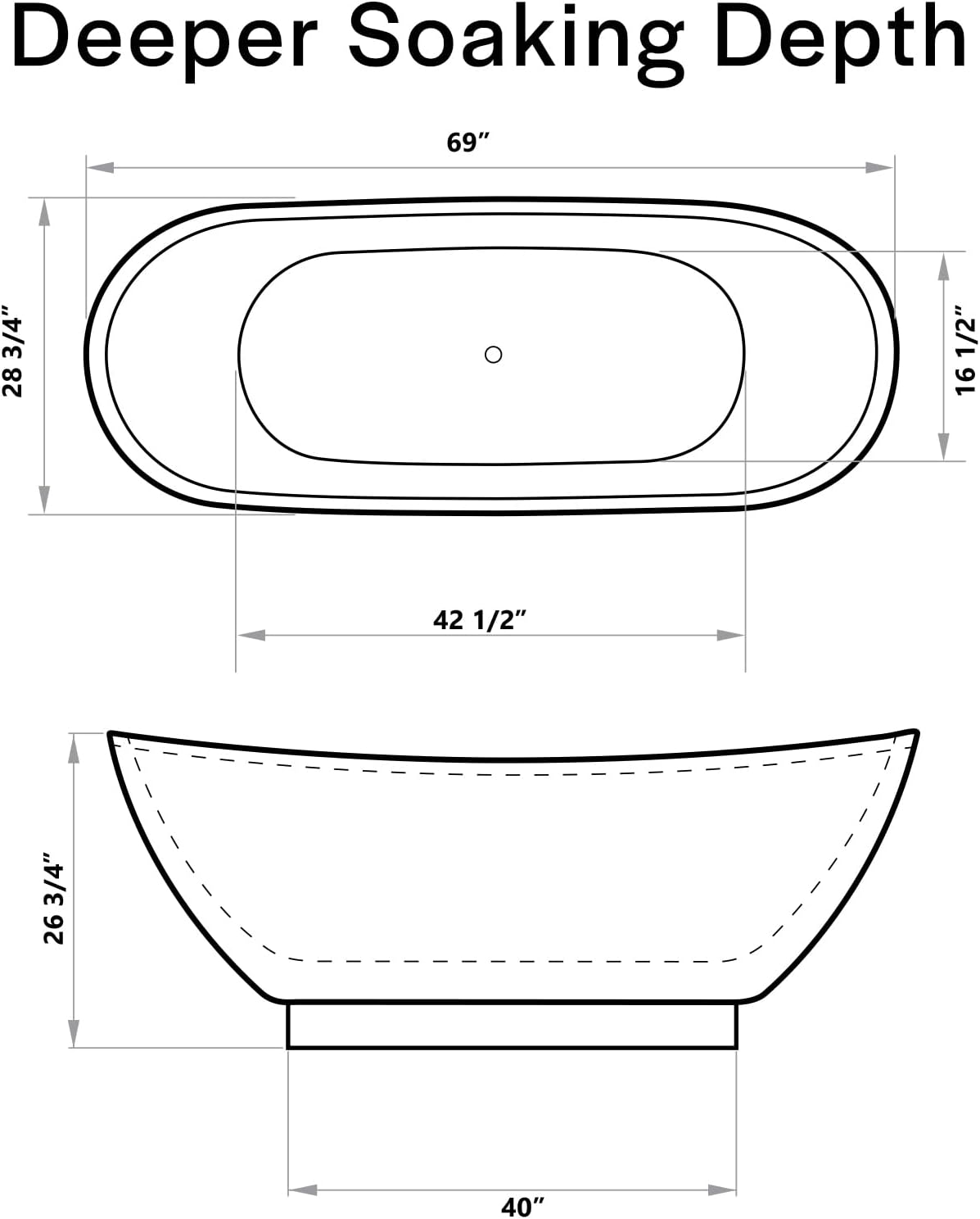 Empava 69' Freestanding Bathtub, Luxury Acrylic Soaking Tub, Modern Stand-Alone Design, Glossy White , cUPC Certified