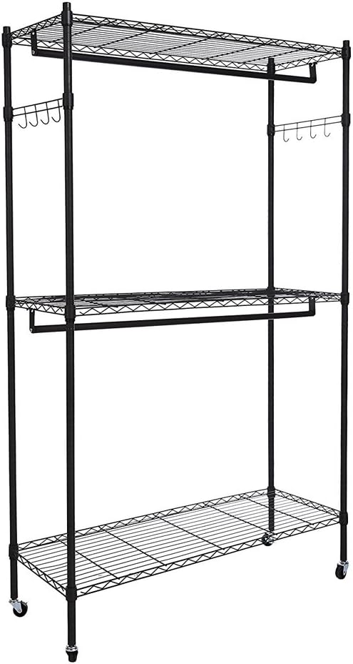 Garment Racks, 2Tier Rod Closet Organizer Garment Rack Clothes Storage Hanger Shelf Hooks Adjustable Wire Shelving Clothes Rack with Double Side Hooks, Freestanding Steel Wardrobe Rack