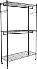 Garment Racks, 2Tier Rod Closet Organizer Garment Rack Clothes Storage Hanger Shelf Hooks Adjustable Wire Shelving Clothes Rack with Double Side Hooks, Freestanding Steel Wardrobe Rack