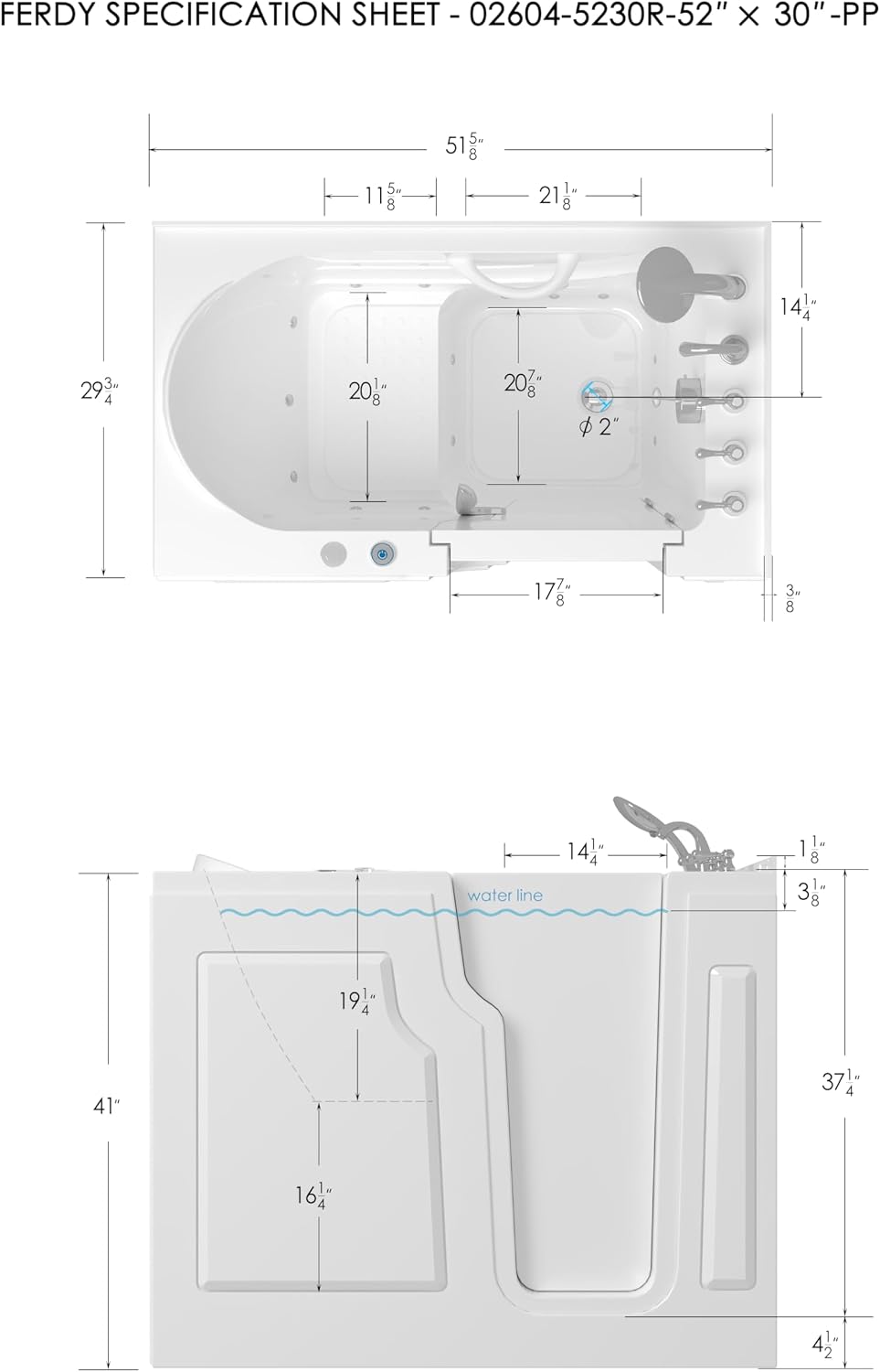 FerdY Floridian 52'x30' Walk-in Whirlpool Bathtub with 14 Air Water SPA Jets and Right-Side Door Opening and Quick Fill and Drain System, Rectangular Soaking Bathtub in White