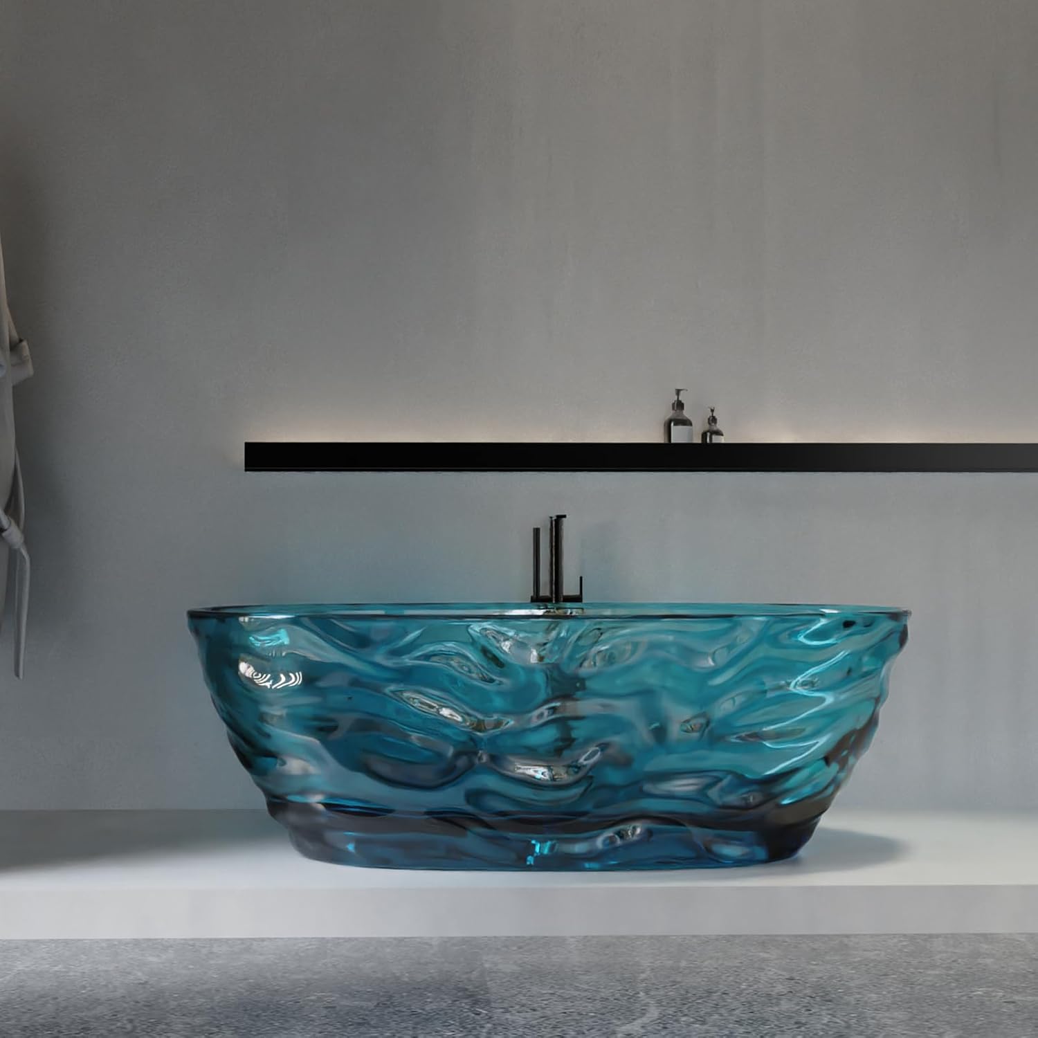 Cpingao 66' Resin Transparent Freestanding Bathtub, Contemporary Oval Stand Alone Tubs, Translucent Resin Freestanding Bath 1670 MM with Drain Lake Blue 8851-1700-BLUE