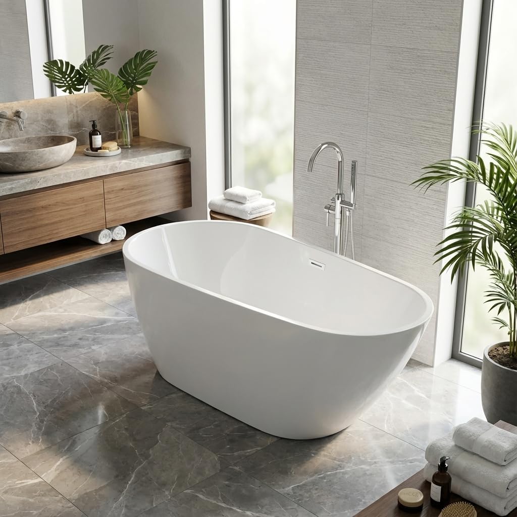 67 Inch Acrylic Freestanding Bathtub, Deep White Oval Pearl-Shape Soaking Tub, Modern Stand Alone Bathtub with Non-Slip Base, Chrome Overflow & Pop-Up Drain, Easy Assembly for Bathroom, Home, Spa