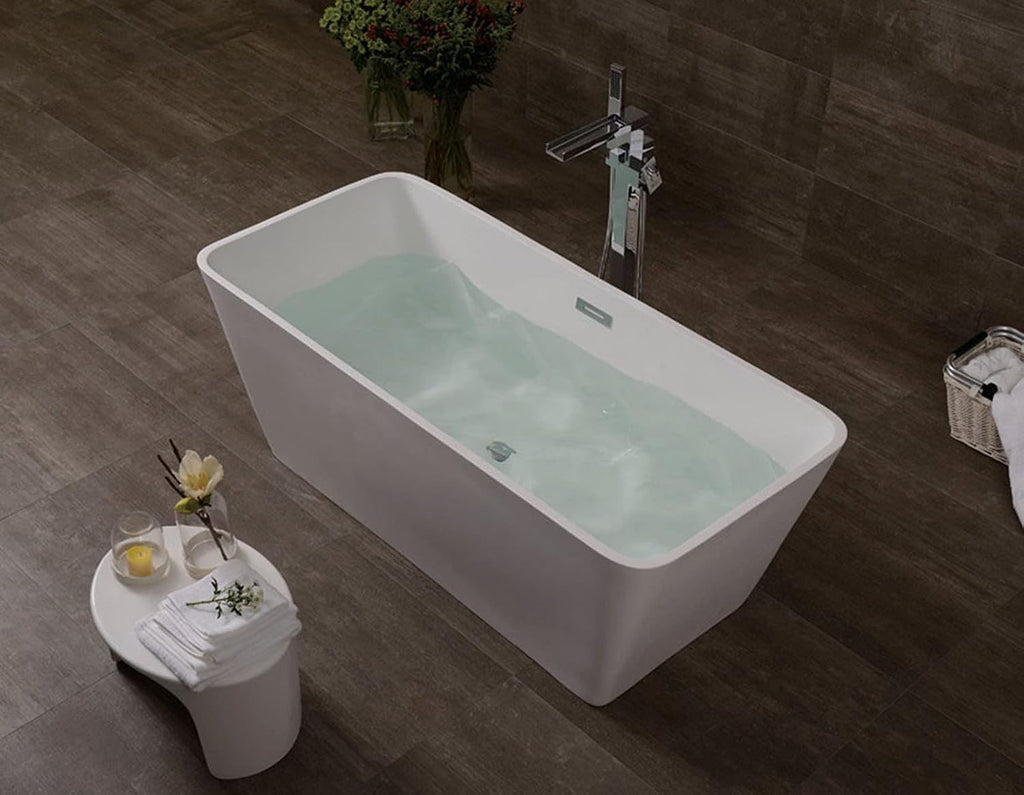 Dowell 60' Luxury Modern Stone Resin Freestanding Bathtub | Matte White Square Shape Solid Surface Soaking Tub with Integrated Slotted Overflow 076 59