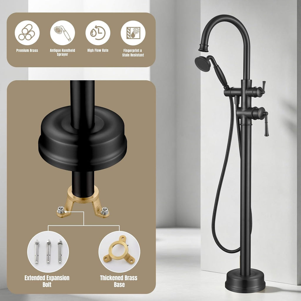 Free Standing Tub Faucet, Antique, Matte Black (B2311-BK) | H59-1 Premium Solid Brass, High Flow 6.6 GPM, Elegant & Vintage Styling