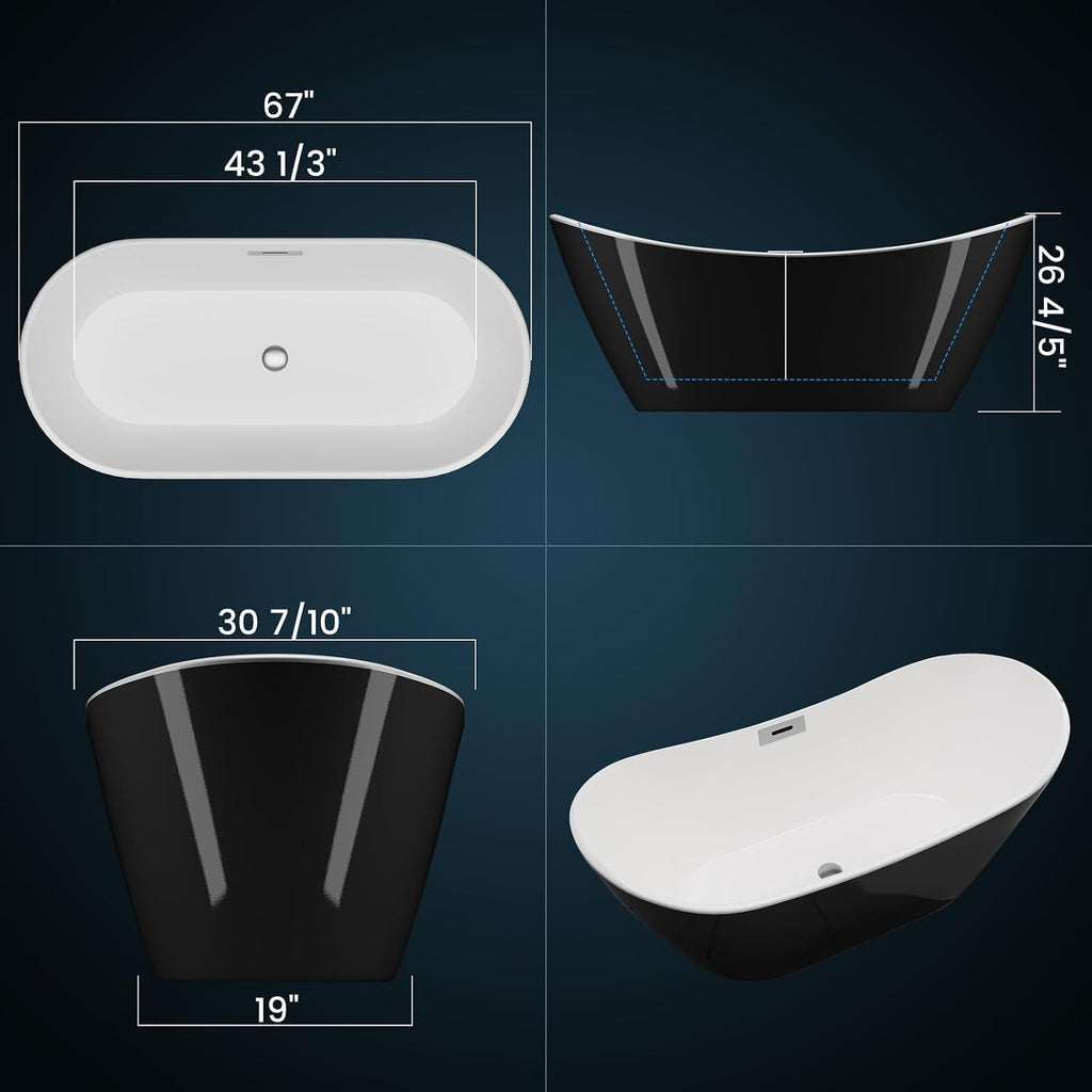 59' Freestanding Bathtub, Black Exterior White Interior Acrylic Stand Alone Soaking Tub, Modern Oval Bath with Ergonomic Design and Chrome Drain for Bathroom Remodel and Home Spa