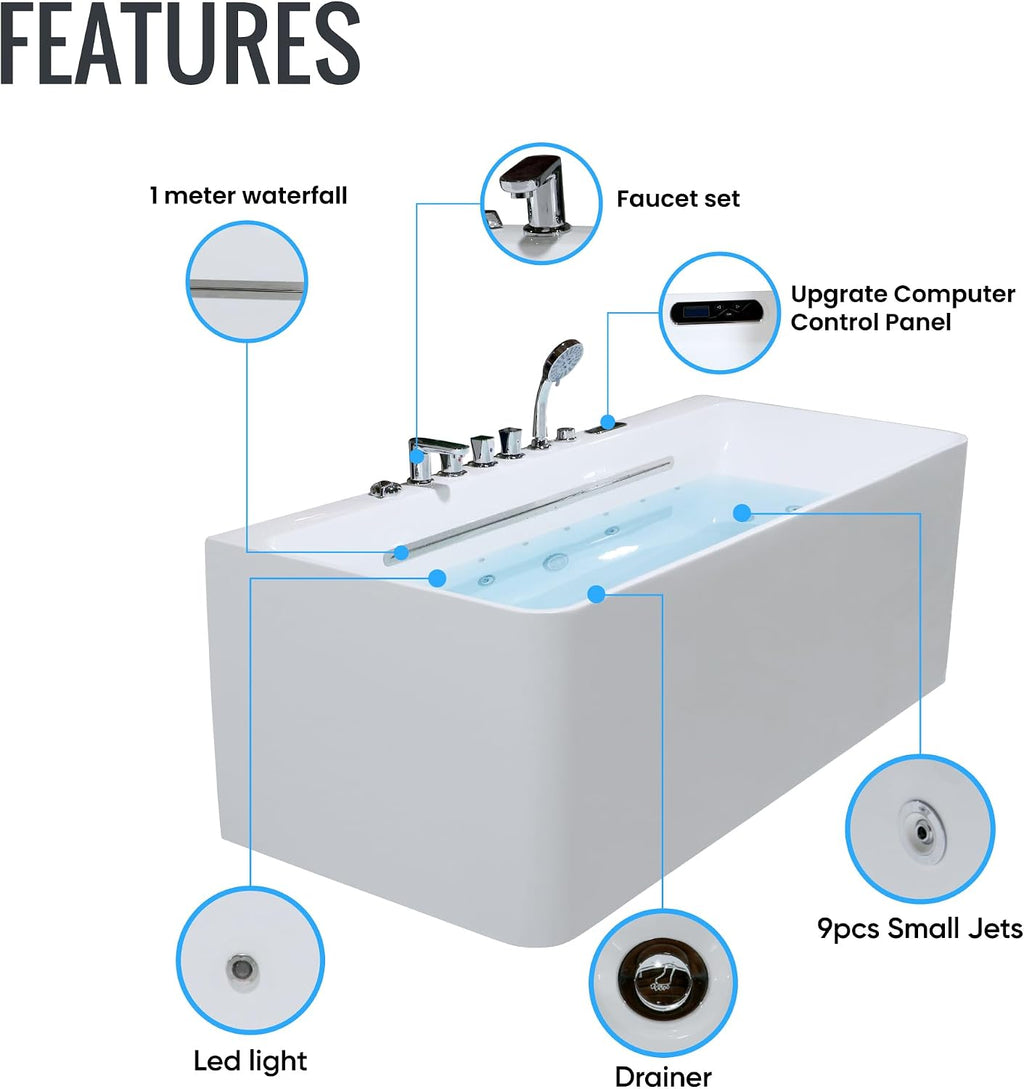 67' Whirlpool Freestanding Soaking Acrylic Jetted Rectangular Bathtub with Waterfall SPA Hydro Massage & Chromatherapy, LED Control Panel with Light, UL Certified