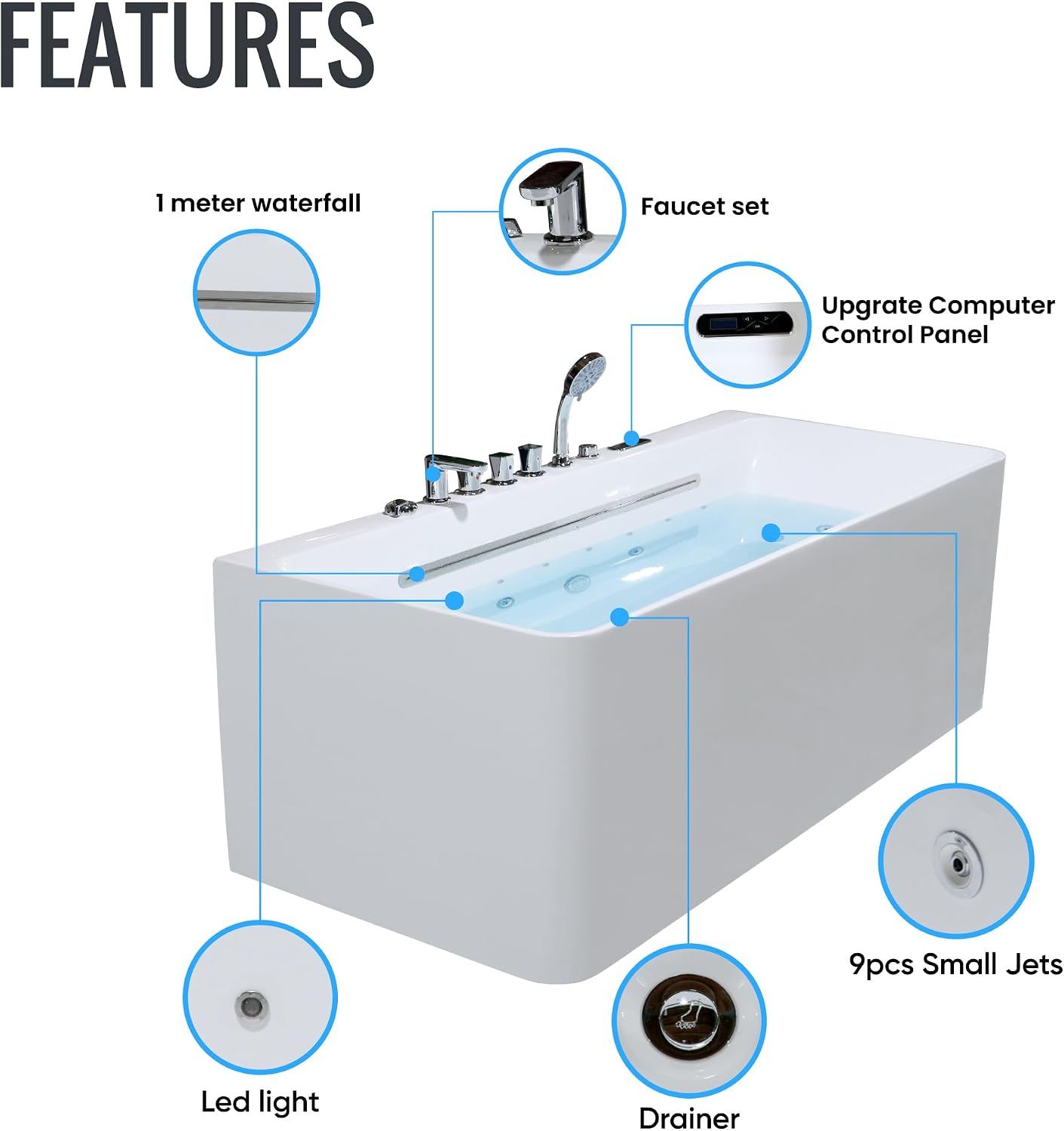 67' Whirlpool Freestanding Soaking Acrylic Jetted Rectangular Bathtub with Waterfall SPA Hydro Massage & Chromatherapy, LED Control Panel with Light, UL Certified