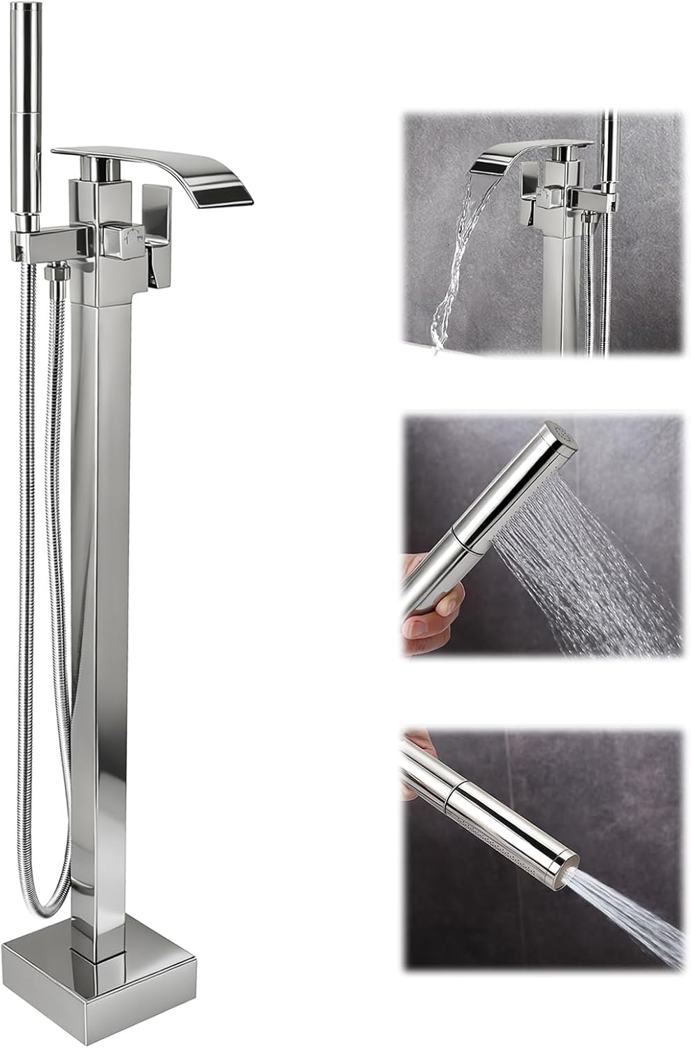 Waterfall Freestanding Bathtub Faucet, Floor Mount Bathroom Tub Filler Shower Faucets with Handheld Sprayer, Chrome