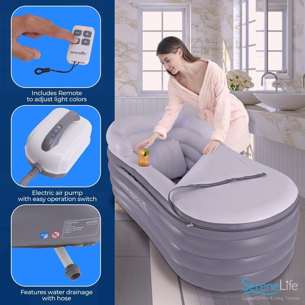 SereneLife Inflatable Bathtub with Bubble Massage Mat, Non-Slip, Backrest Support, Includes Pillow, Cup Holder, Remote Control, Easy Storage, PVC Material, Supporting Up To 345 lbs., ‎66'x30'x26'