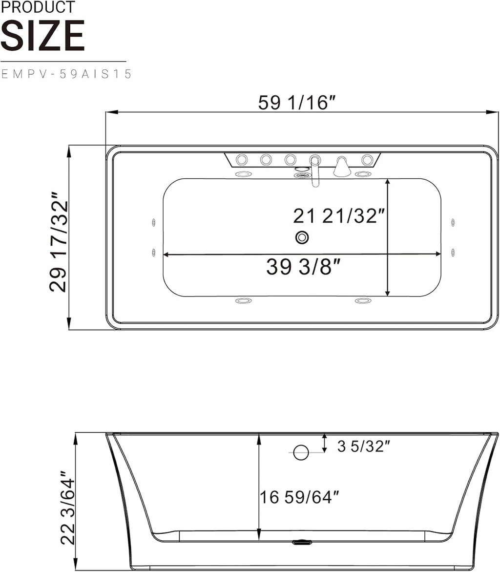59 in. Acrylic Freestanding Bath Tub Hydromassage Gracefully Rectangle Shaped 8 Water Jets Soaking SPA, Double-Ended Massage Bathtubs with Two Black Pillows , White