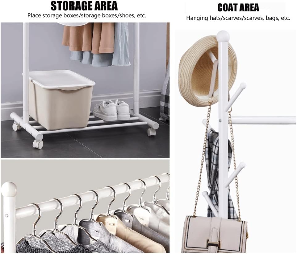Single Rod Clothes Rack Small Rolling Clothing Garment Rack with Shelves for Hanging Clothes Heavy Duty Metal Wardrobe Rack Bedroom Storage Organizer Shelf (Green-68X43X170cm