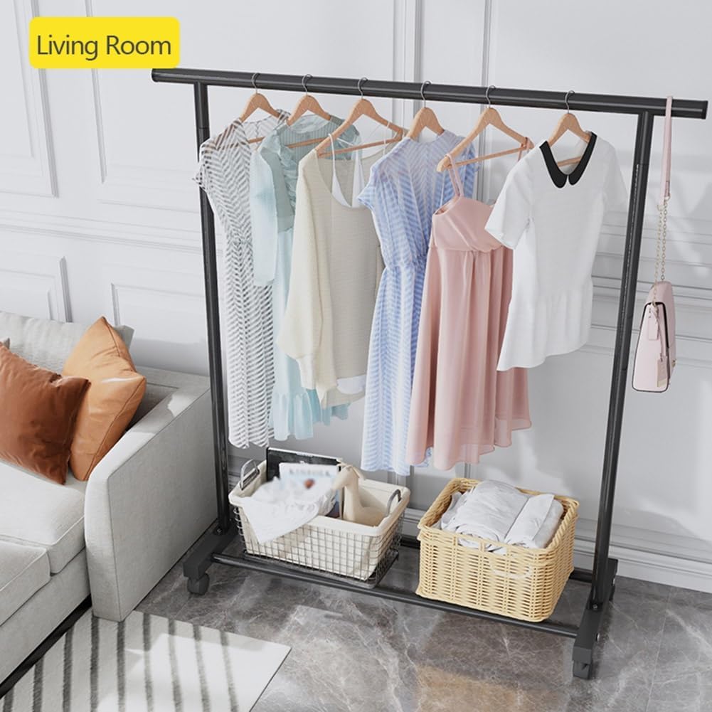 Rolling Metal Clothing Rail Garment Rack, Clothes Rack with Bottom Shelves, Portable Clothing Hanger Organizer with Wheels for Bedroom, Living Room, Max Load 80kg, 120cm