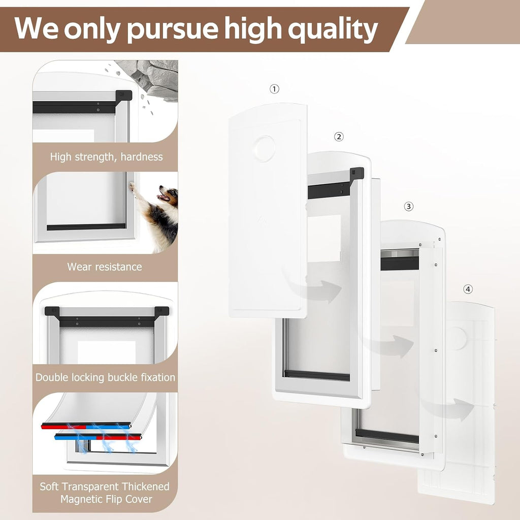 [MAVRICTECH] Extea Large Dog Door for Door, Dog Door for Interior & Exterior Door with Steel Frame and Telescoping Tunnel, Magnetic Two Flaps Design and Two Sliding Lock Panels, Up to 220LBS, White.