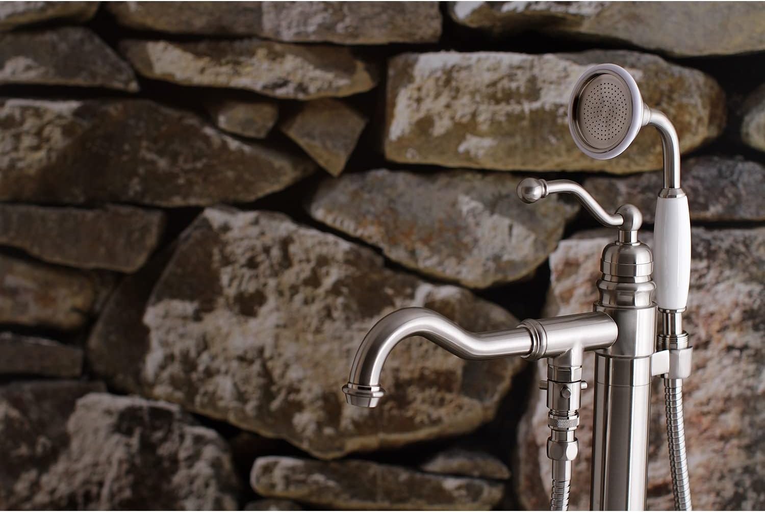 Kingston Brass KS7138ABL English Country Single Handle Freestanding Roman Tub Faucet with Hand Shower, Brushed Nickel