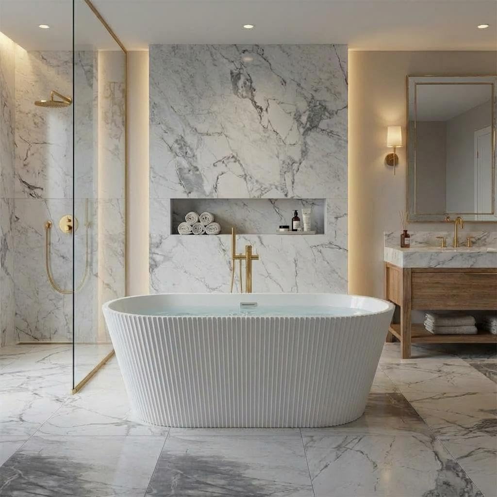 67 Inch Freestanding Acrylic Bathtub - Oval Vertical Striped Design, CUPC-Certified Bright White Soaking Tub with Chrome Drain, Overflow & Fiber-Reinforced Base, Easy Install for Modern Bathrooms