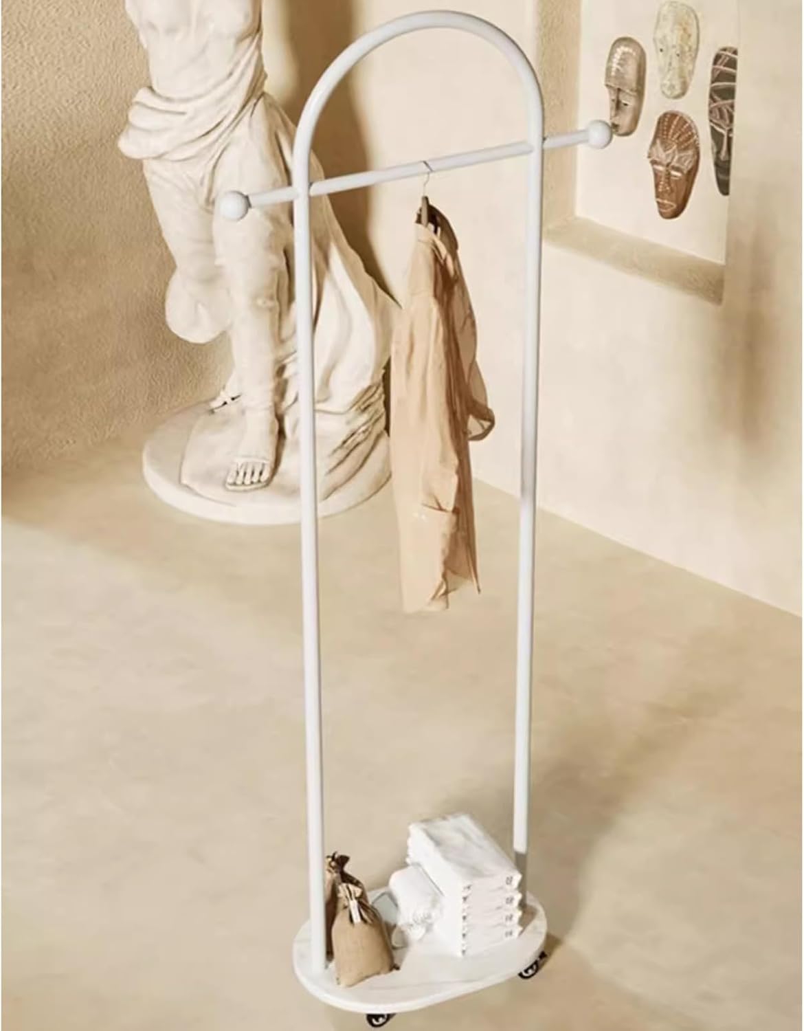 Metal Coat Rack Freestanding,Garment Rack Modern Clothing Rack with Marble Base, Small Coat Hanger Stand with 2 Hooks for Bag and Hat, Space Saving Clothes Organizer for Bedroom(White)