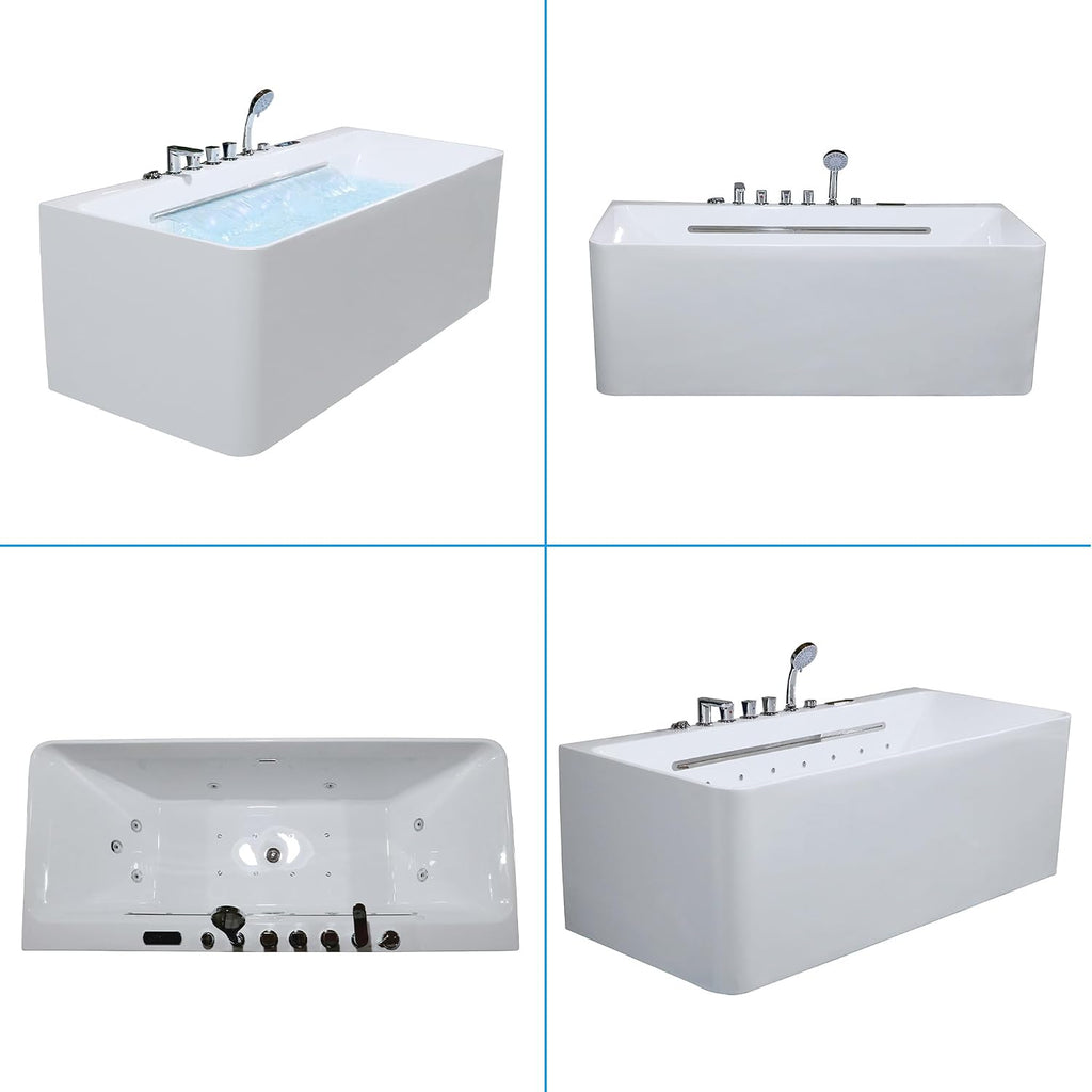 67' Whirlpool Freestanding Soaking Acrylic Jetted Rectangular Bathtub with Waterfall SPA Hydro Massage & Chromatherapy, LED Control Panel with Light, UL Certified