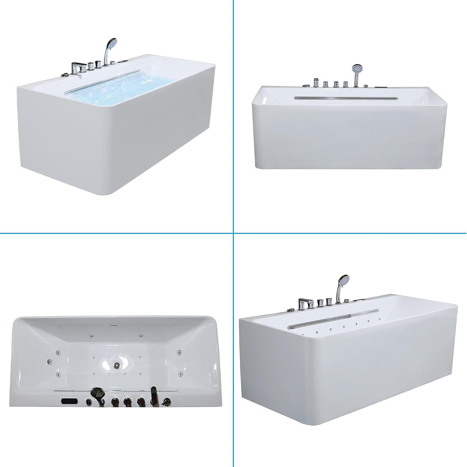 67' Whirlpool Freestanding Soaking Acrylic Jetted Rectangular Bathtub with Waterfall SPA Hydro Massage & Chromatherapy, LED Control Panel with Light, UL Certified