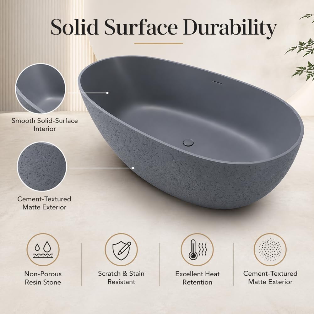 67' Stone Resin Luxury Contemporary Solid Surface Freestanding Bathtub in Cement Point Treatment Oval Tub