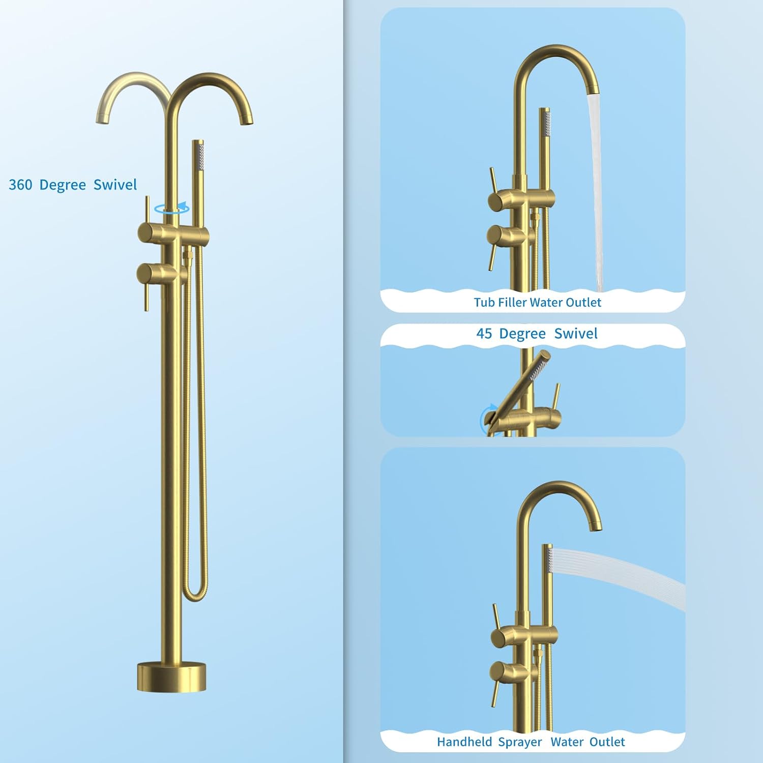 Freestanding Bathtub Faucet,Tub Filler Floor Mount Stand Bathtub Faucet Brass Bathroom Tub Faucets with 2 Function Hand Shower Wand Swivel Brushed Gold