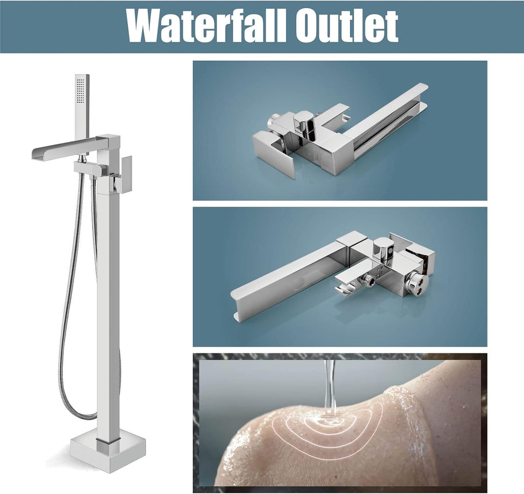 Aolemi Freestanding Bathtub Faucet Floor Mount Tub Filler Single Handle Brass Standing Bathtub Tap with Handheld Spray Swivel Right Angle Waterfall Spout Polish Chrome