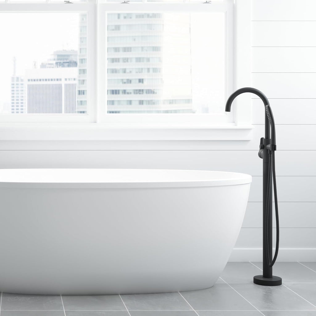 Jacuzzi SIGNATURE Oval Freestanding Acrylic Soaking Bathtub, 59.2' (L) x 29.7' (W) x 23.6' (H), Matte Black Tub Filler & Hand Shower, Universal Drain, Contemporary Style for Homes & Businesses, White