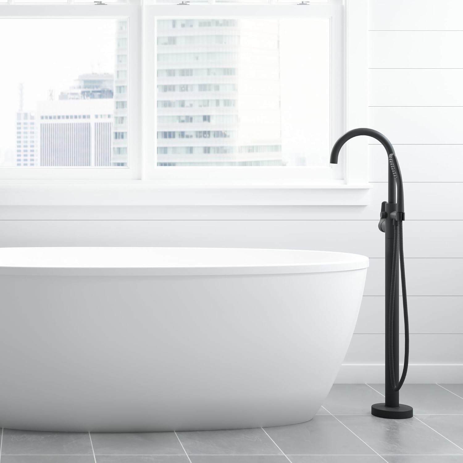 Jacuzzi SIGNATURE Oval Freestanding Acrylic Soaking Bathtub, 59.2' (L) x 29.7' (W) x 23.6' (H), Matte Black Tub Filler & Hand Shower, Universal Drain, Contemporary Style for Homes & Businesses, White