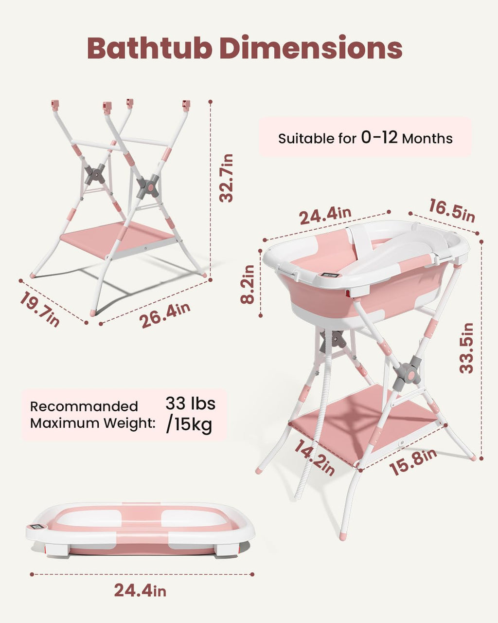 Baby Bathtub with Stand, 2-in-1 Collapsible Bath Tubs for Newborn to Toddler, Infant Bathtub with Folding Stand, Portable Bathtub for Baby Including Soft Cushion, Storage Pad (Pink)