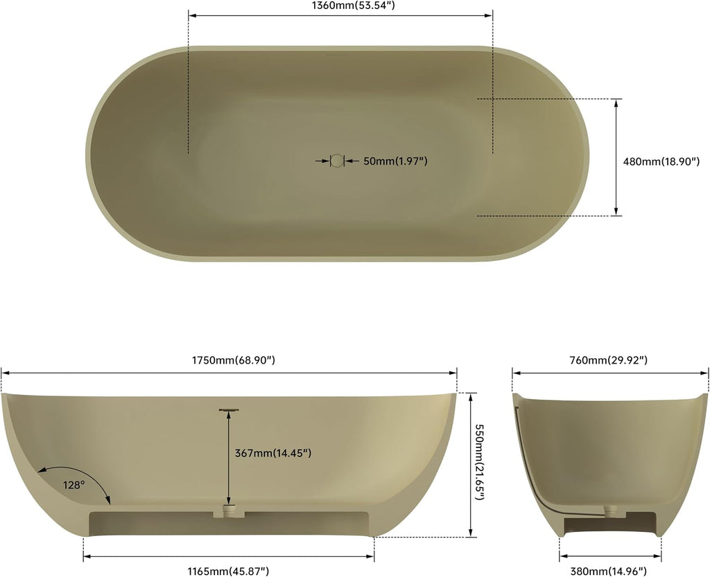 69' Freestanding Solid Surface Bathtub, Matte Olive Green | Resin Stone, Modern Design Stand Alone Tub with Drain, Colorful Free Stand Tub