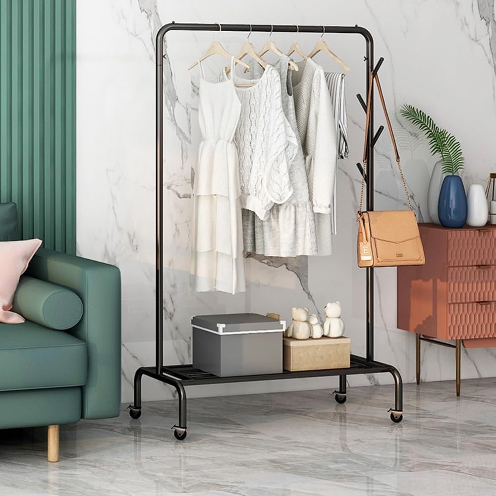Clothes Rack with Wheels, Rolling Garment Rack with Side Hooks and Storage Shelf, Clothes Organization Rail for Bedroom, Laundry Room, Load Capacity 176lbs (Color : Black, Size : 80x40x160cm)