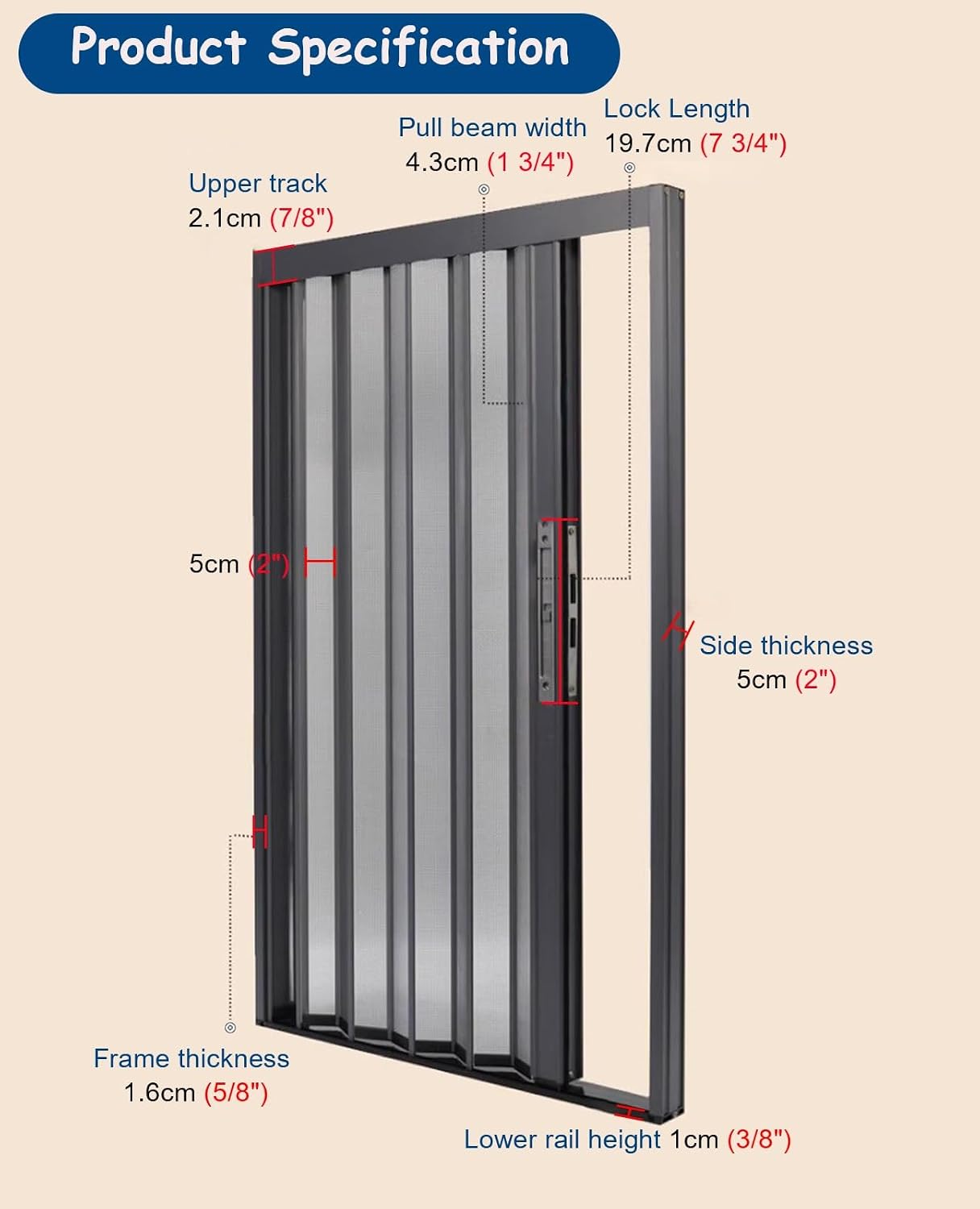 96 Inches Tall Accordion Door with Ventde Mesh, Aluminum Folding Sliding Door Multifold Screen Gate, Lockable Retractable Door Kit for Bedroom(22x39inch)