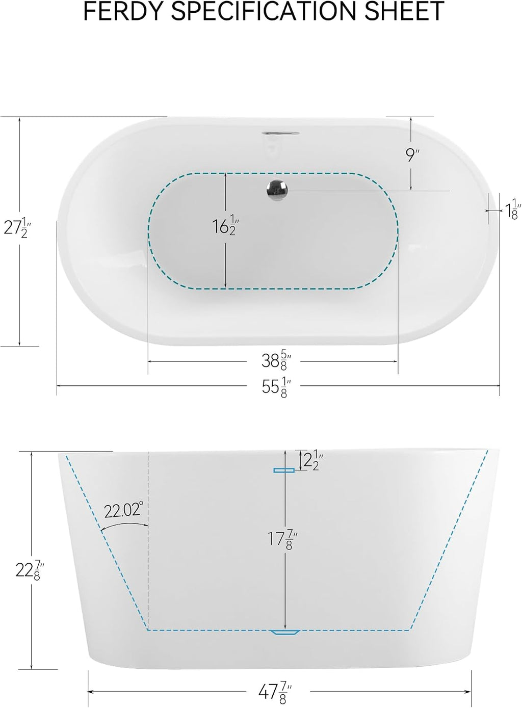 FerdY Luzon 55' Acrylic Freestanding Bathtub, Classic Oval Shape Soaking Bathtub with Toe-Tap Chrome Drain & Bath Pillow for Bathtub,Thick Tub Pillows, Breathable 4D Air Mesh
