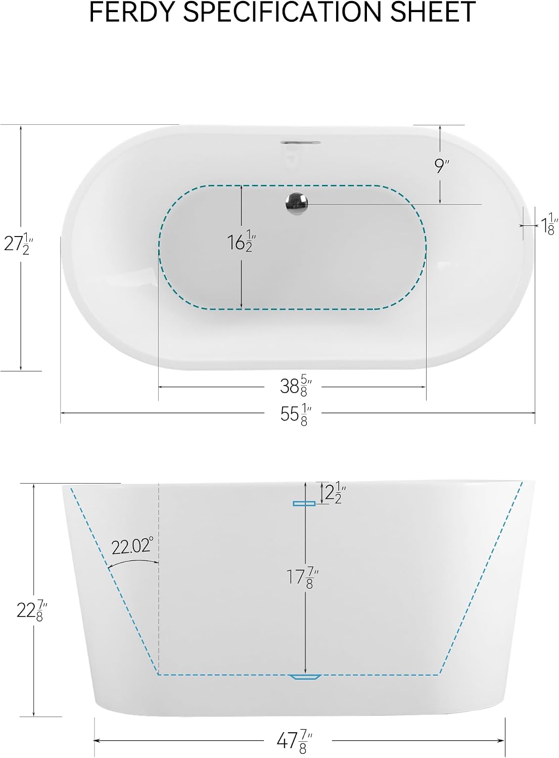 FerdY Luzon 55' Acrylic Freestanding Bathtub, Classic Oval Shape Soaking Bathtub with Toe-Tap Chrome Drain & Bath Pillow for Bathtub,Thick Tub Pillows, Breathable 4D Air Mesh
