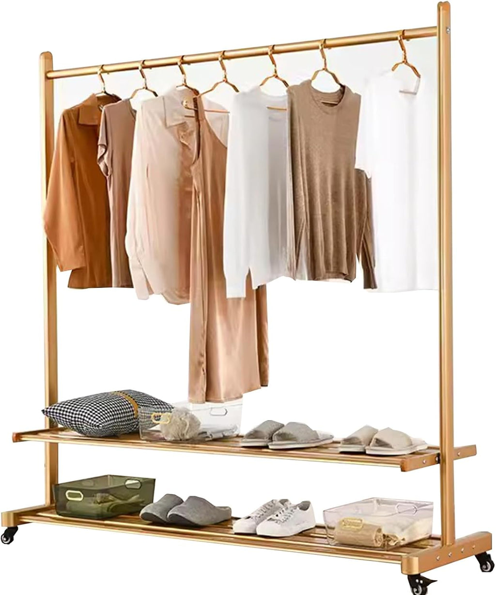 Heavy duty Garment rack Heavy Duty Clothes Rail On Wheels, Rolling Clothing Rack For Hanging Clothes, Portable Clothes Organizer With 2 Shelves, Coat Rack For Bedroom, Drying Rack (Gold 150X45X156CM)