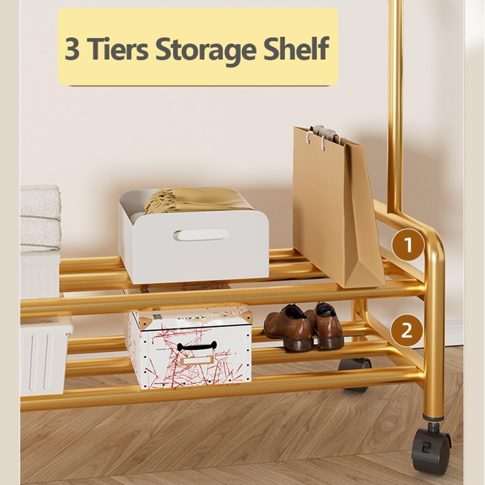Gold Narrow Clothes Garment Rack with Wheels Rolling Organizer with Side Hooks & 2-Tier Storage Shelves Stylish Clothing Rail for Bedroom, Laundry Room, or Living Room(Size:120x30x165cm)