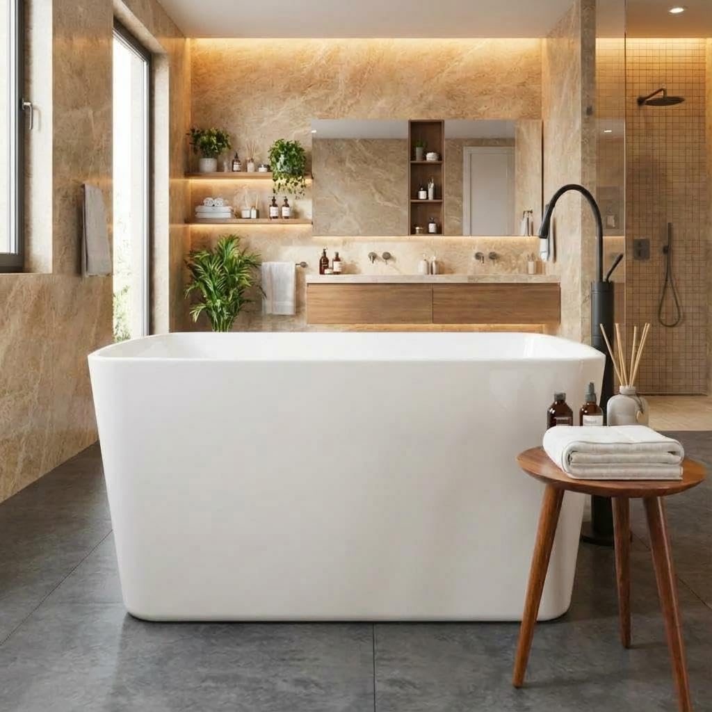 49' Acrylic Freestanding Bathtub - Japanese Square Soaking Tub with Built-in Seat & Toe-Tap Drain, Glossy White Finish, CUPC Certified