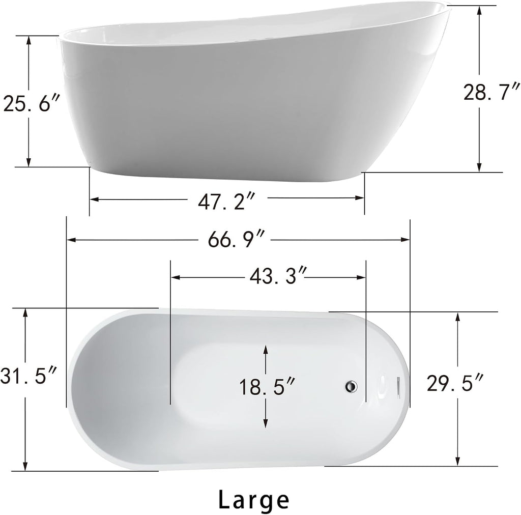 HomeBeyond 67 Inch Free Standing Bathtub | Acrylic Freestanding Soaking Tub, Modern Bathroom Stand Alone Tub Suitable for Couples, Singles, and Families, Brushed Nickel