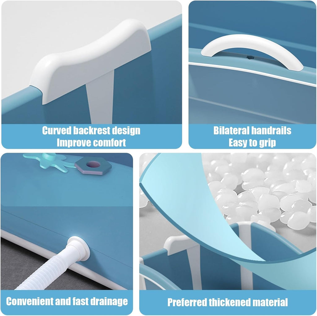 Portable Foldable Bathtub, Bathing Tub for Shower Stall, Portable Bathtub for Adult, Space Saving Home Spa Bath, Freestanding Effortless Folding Bathtub with Thermal Lid, Handrail Blue