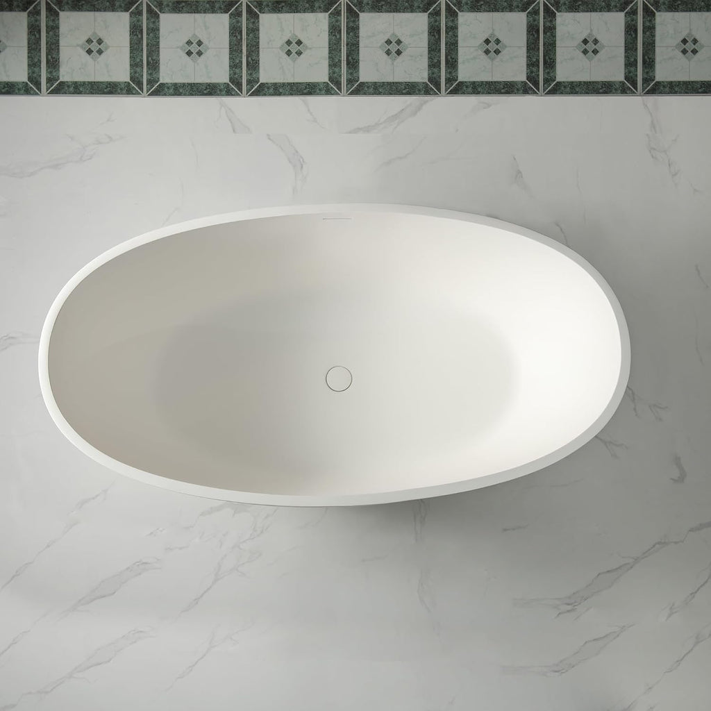 WOODBRIDGE 55 Stone Resin Freestanding Soaking Tub, Modern Oval Solid Surface Bathtub with Integrated Slotted Overflow & Drain, Matte White, B0043