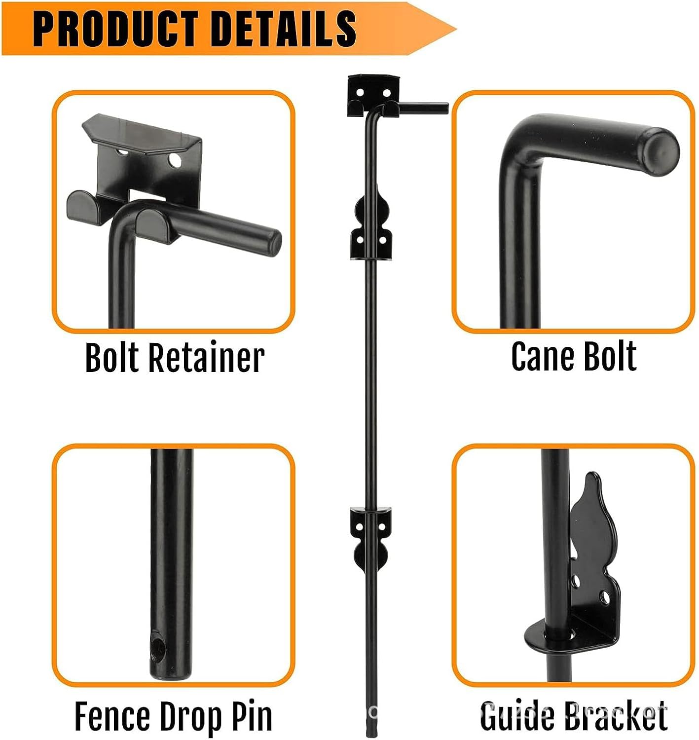 Heavy Duty Cane Bolt Gate Drop Rod, 2 Sets Gate Ground 36 Inch Heavy Duty Drop Rod for Wooden Fences Metal Gates Doors, Easy Installation, Secures Single & Double Doors