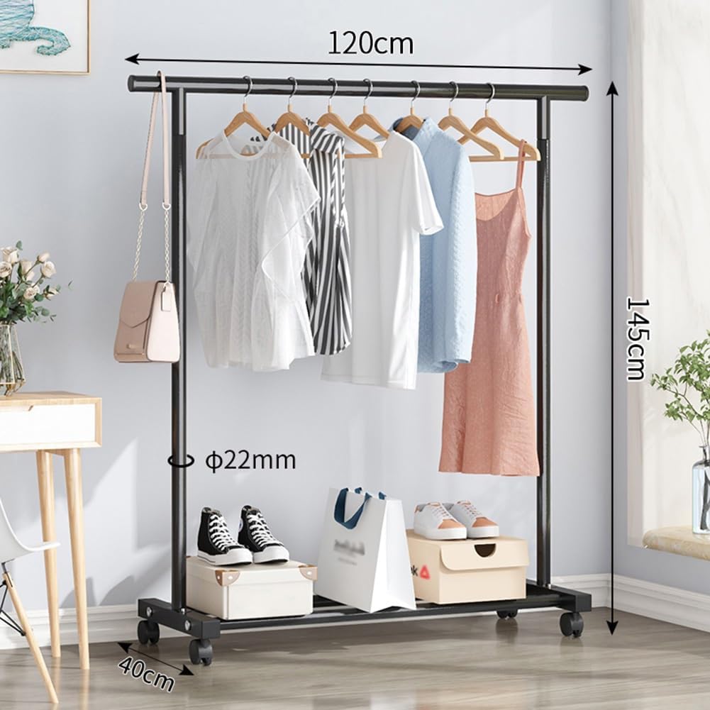 Rolling Metal Clothing Rail Garment Rack, Clothes Rack with Bottom Shelves, Portable Clothing Hanger Organizer with Wheels for Bedroom, Living Room, Max Load 80kg, 120cm