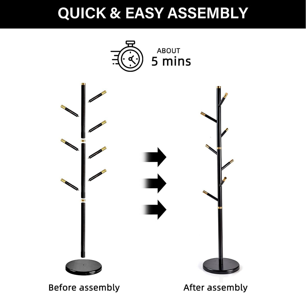 CozyDH Black Coat Rack Freestanding Solid Wood Coat Rack Stand, Coat Tree Freestanding with 7 Hooks Creative Tree Branch-look for Entryway, Hallway, Bedroom