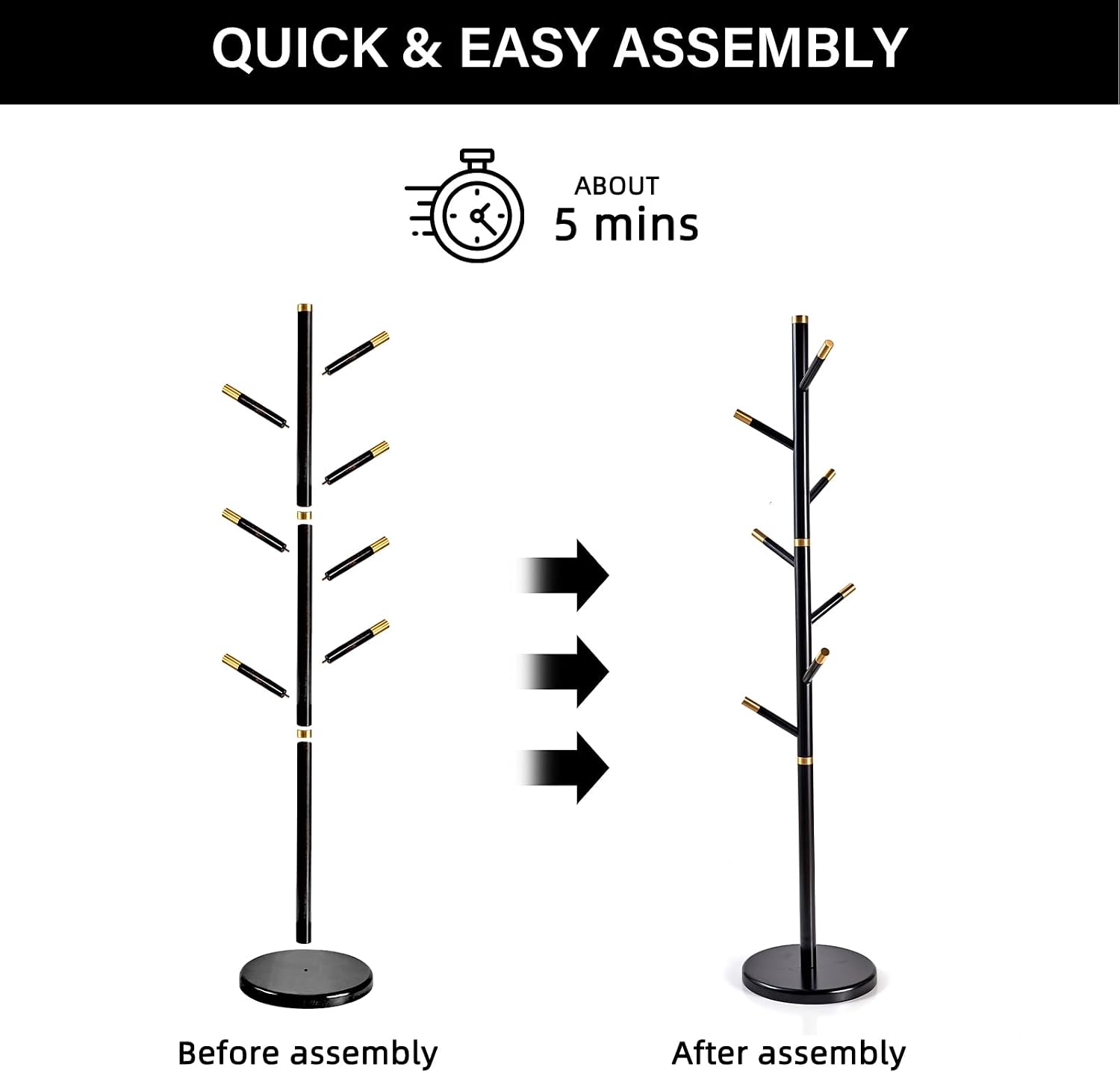 CozyDH Black Coat Rack Freestanding Solid Wood Coat Rack Stand, Coat Tree Freestanding with 7 Hooks Creative Tree Branch-look for Entryway, Hallway, Bedroom