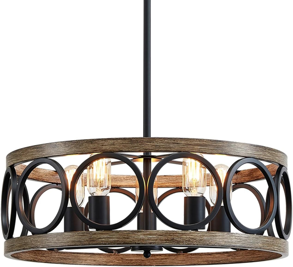 XINGQI Dining Room Chandelier 5-Light Black Modern Chandelier 21.7'' Farmhouse Drum Pendant Light Fixture for Living Room Kitchen Island Bedroom Office with Wood Grain Finish