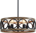 XINGQI Dining Room Chandelier 5-Light Black Modern Chandelier 21.7'' Farmhouse Drum Pendant Light Fixture for Living Room Kitchen Island Bedroom Office with Wood Grain Finish
