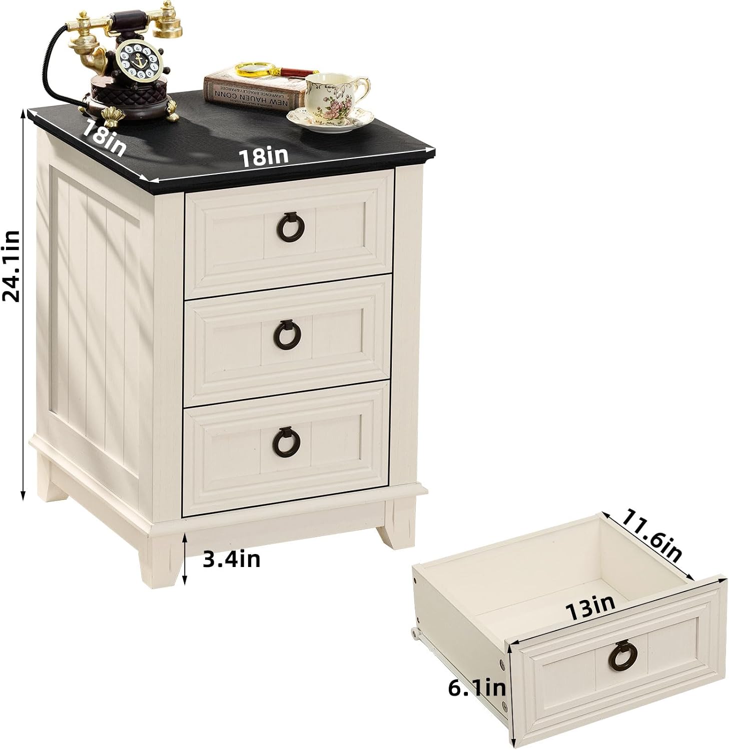 Joaxswe Farmhouse Night Stand Set of 2, 18' End Table with 3 Drawer Metal Handle, Dresser for Bedroom, Sofa Bed Side Table Chest of Drawers,Wood Nightstand Cabinet for Organizer, Living Room-White
