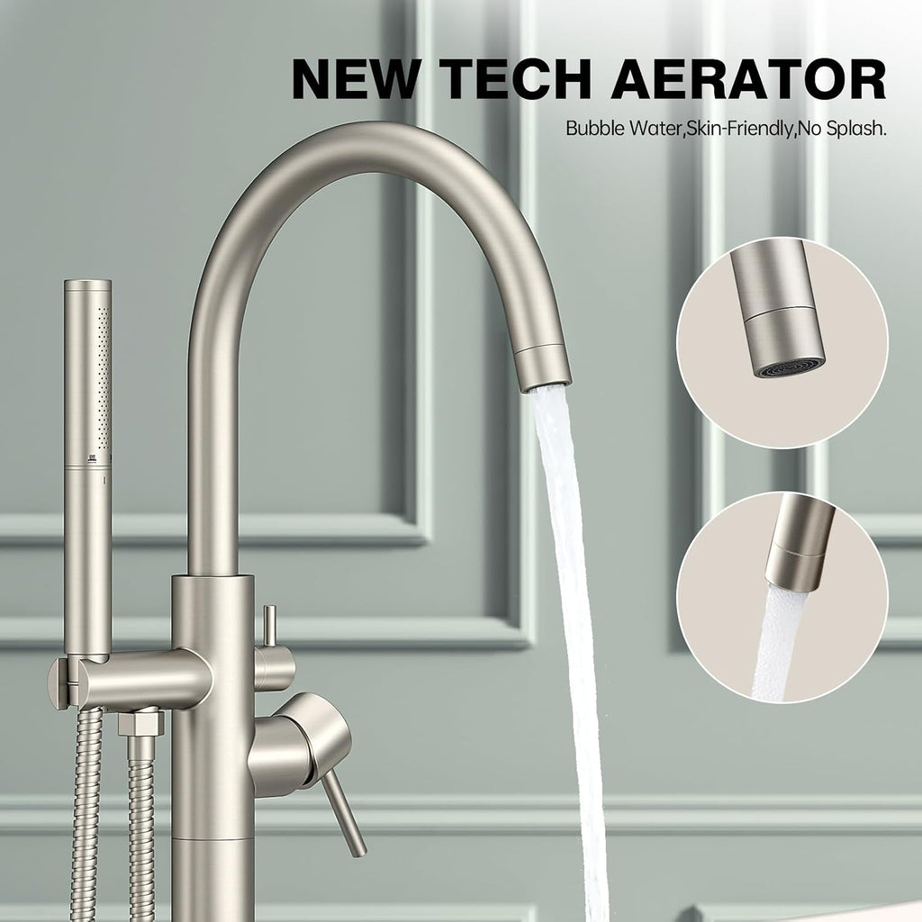 Freestanding Bathtub Faucet Brushed Nickel Tub Filler Floor Mount Free Standing Metal Bathroom Tub Gooseneck Spout with 2 Function Hand Shower