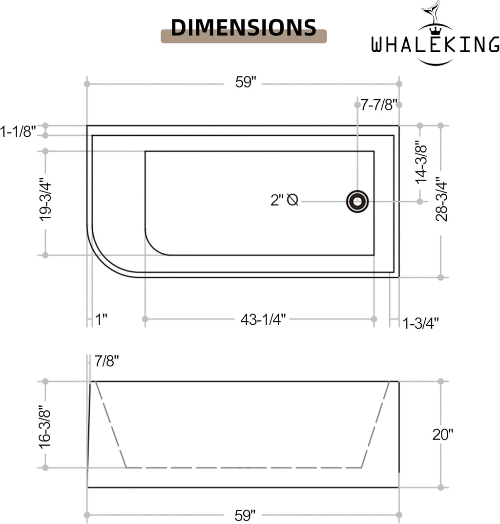 59 x 28 inch Corner Bathtub Right Drain, Modern Freestanding Soaking Tub, Deep Spa Stand Alone Acrylic Tubs with Right Hand Drain & Overflow, 59' L x 28-3/4' W, Glossy White,Sapce Saving