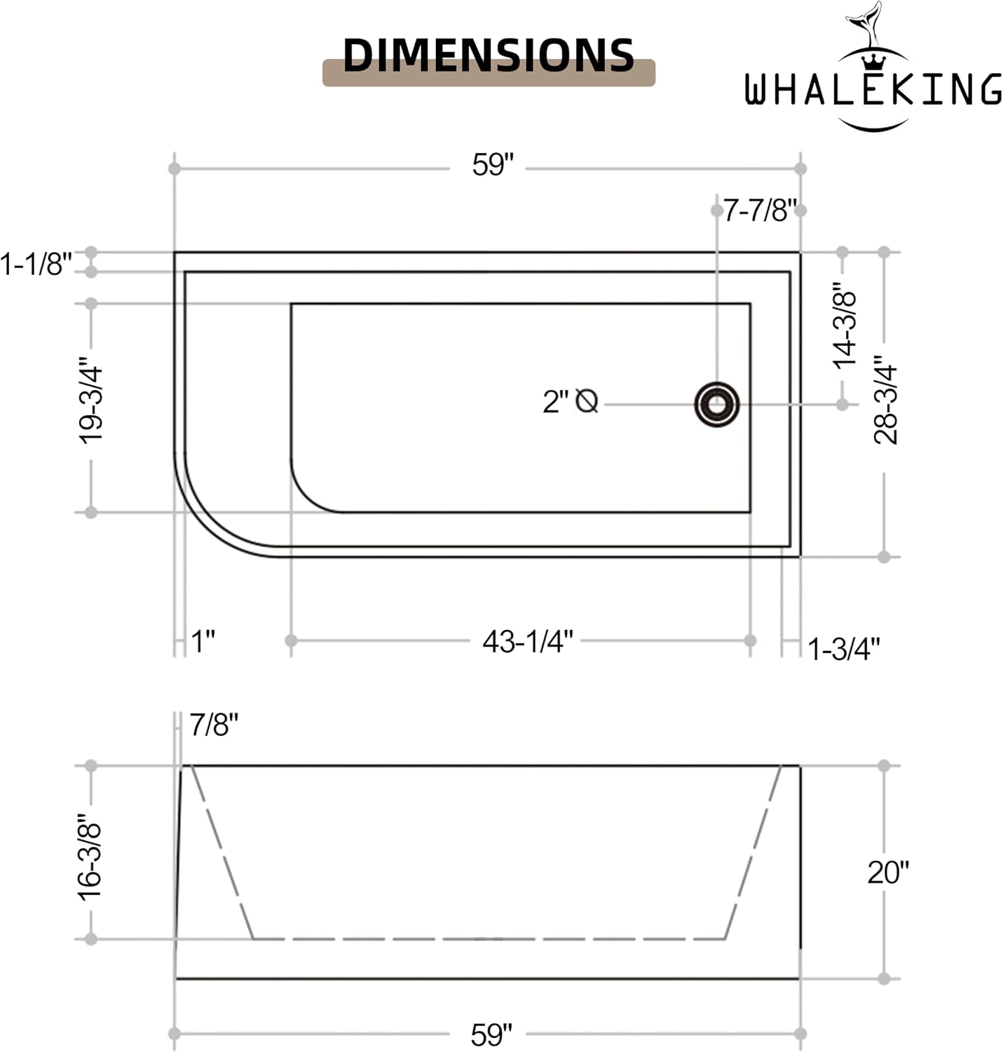 59 x 28 inch Corner Bathtub Right Drain, Modern Freestanding Soaking Tub, Deep Spa Stand Alone Acrylic Tubs with Right Hand Drain & Overflow, 59' L x 28-3/4' W, Glossy White,Sapce Saving
